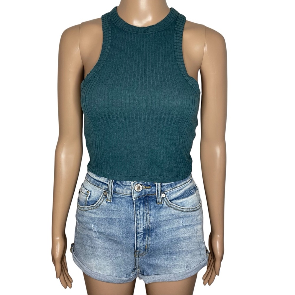 NWT Forever 21 Solid Teal High Neck Raceback Ribbed Sleeveless Cropped Tank Top